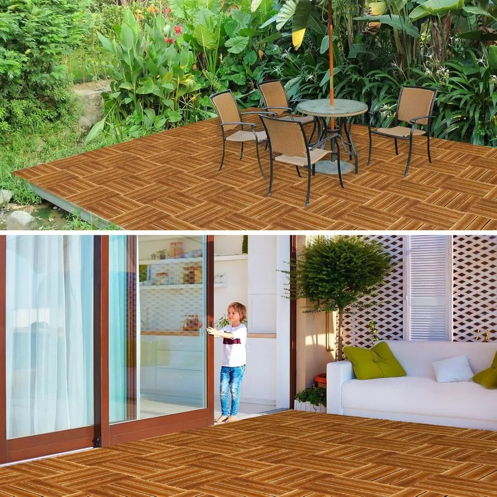 Hardwood Interlocking Tiles 12'' x 12'' Outdoor Wood Flooring Waterproof Wooden Floor Tiles for Garden Backyard Poolside(36 Pcs) | Sorpresa
