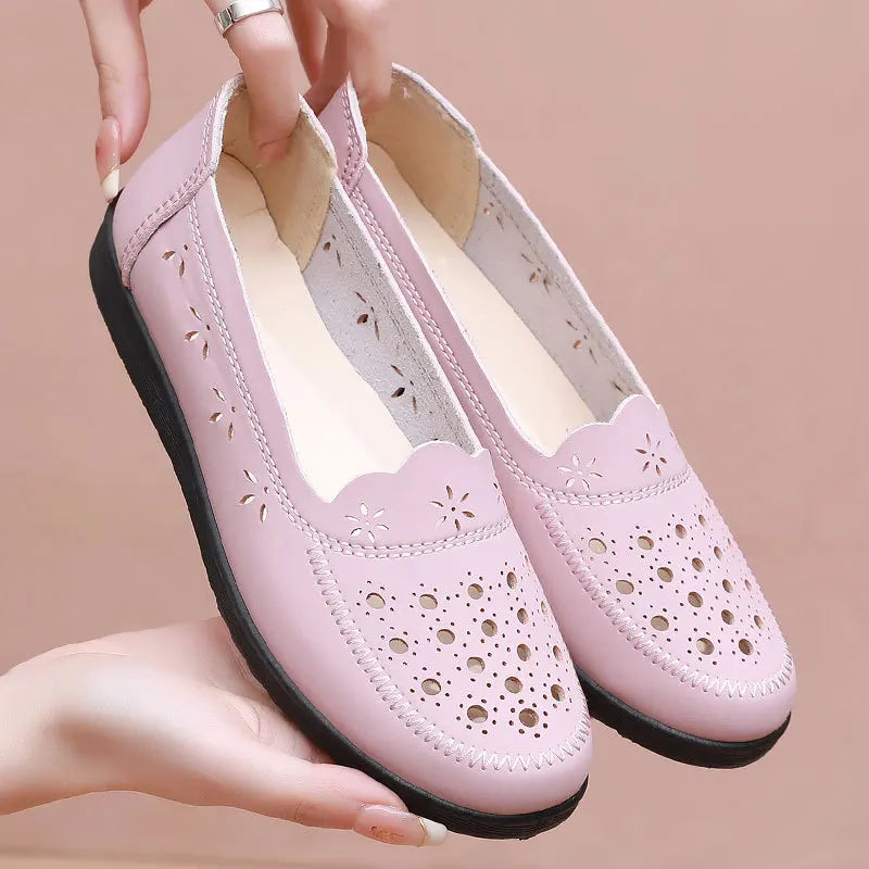 Simple Grandma Shoes Summer Hollow Out Loafers Women's Leather Moccasins Ladies Comfortable Slip On Driving Shoes Free Shipping | Sorpresa