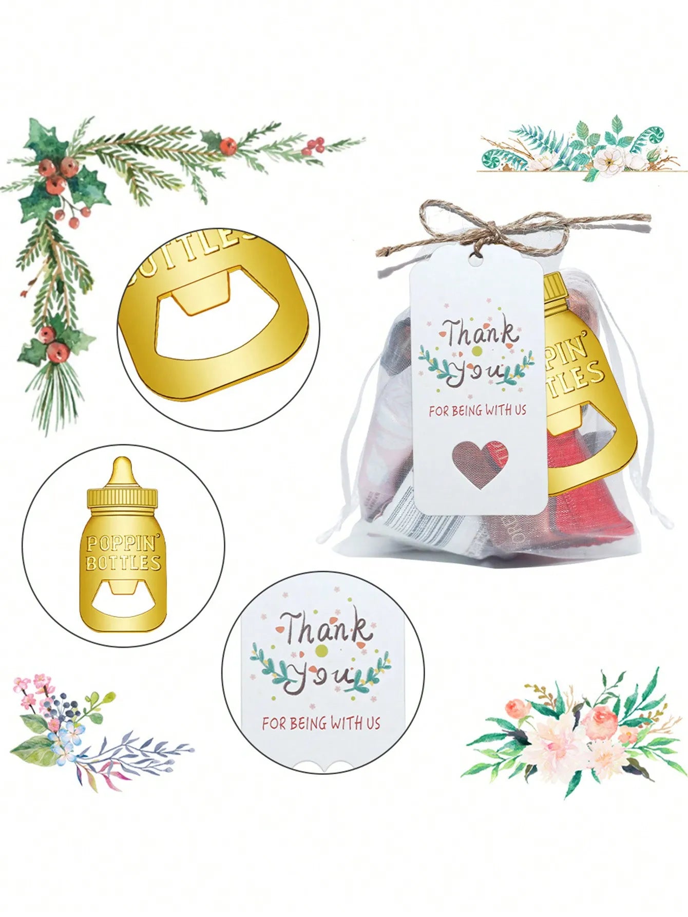 10pcs Metal Baby Bottle Openers With Organza Bags Thank You Labels Baby Shower Theme Party Return Favors Souvenir For Guests | Sorpresa