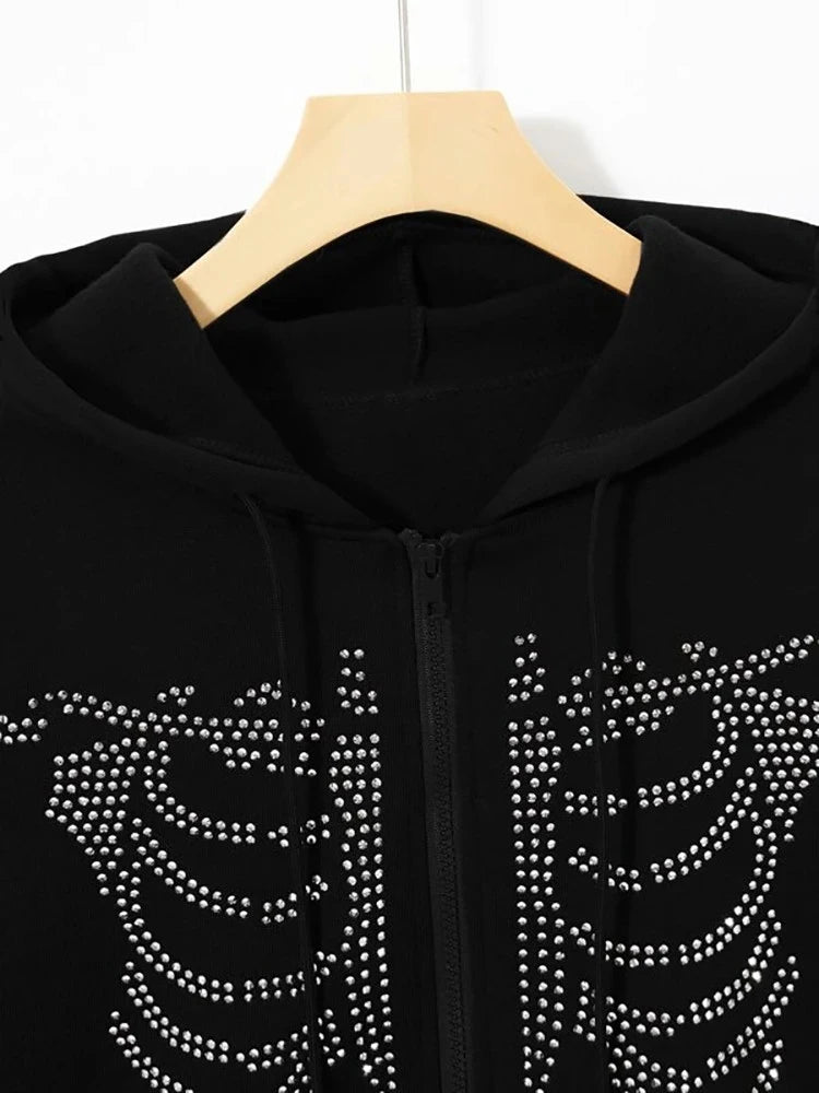 BIG PROMOTION Europe Y2k rhinestone skeleton pattern zipper thermal hoodie electronic traf sweatshirt Stitch for men and women | Sorpresa