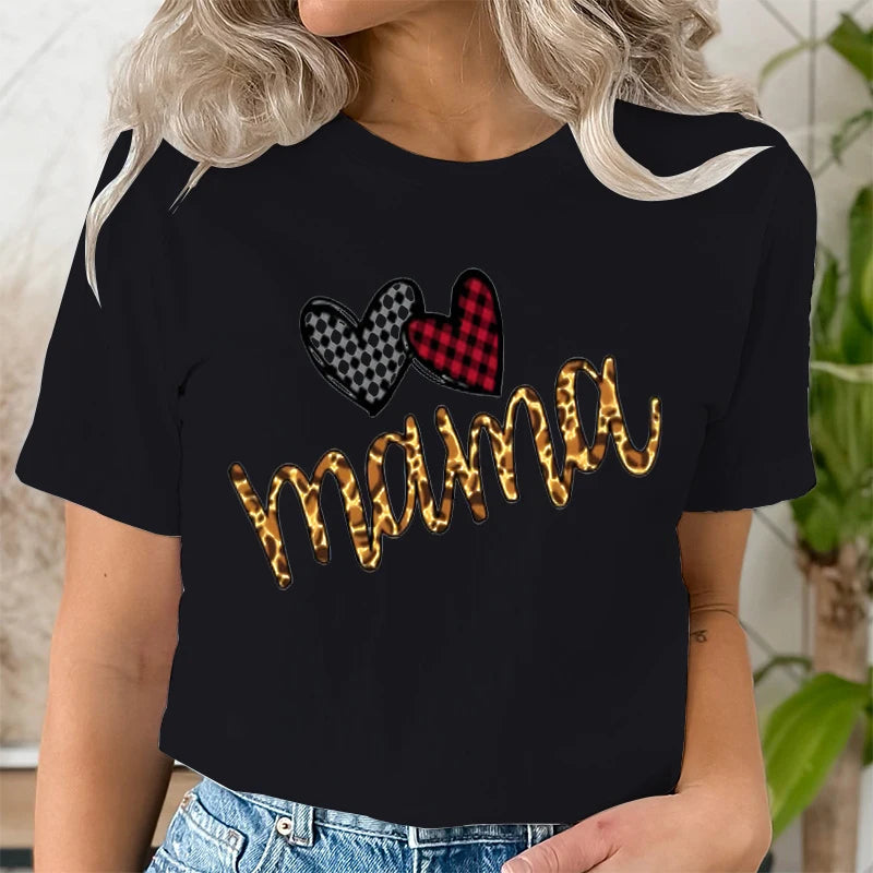 Leopard Mama Print T-shirt for Women Clothing Casual Short Sleeve Love Heart Fashion Summer T-Shirts Tops Women's Tee Clothing | Sorpresa