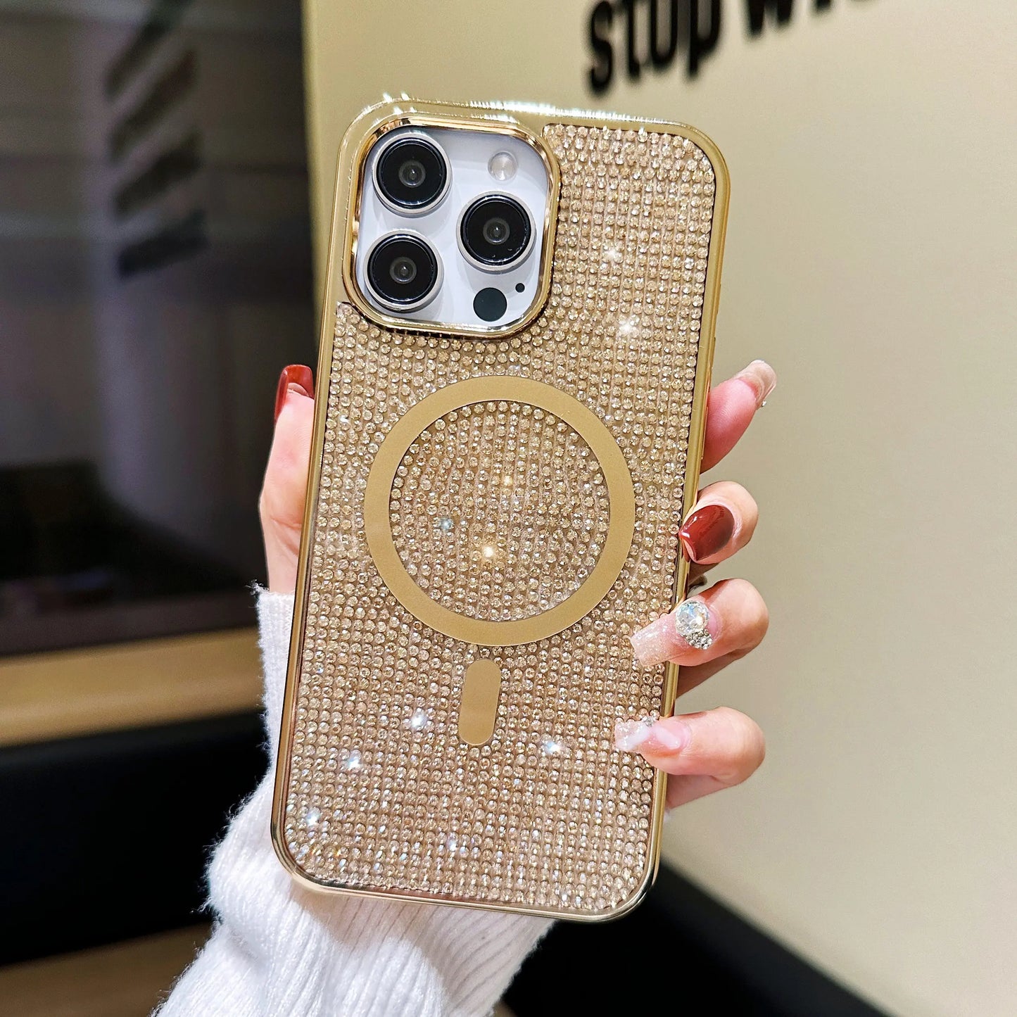 Luxury Glitter Shining Diamond Plating Phone Case for iPhone 11 12 13 14 15 Pro Max Wireless Charging Magsafe Cover
