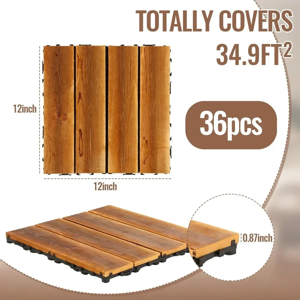 Hardwood Interlocking Tiles 12'' x 12'' Outdoor Wood Flooring Waterproof Wooden Floor Tiles for Garden Backyard Poolside(36 Pcs) | Sorpresa