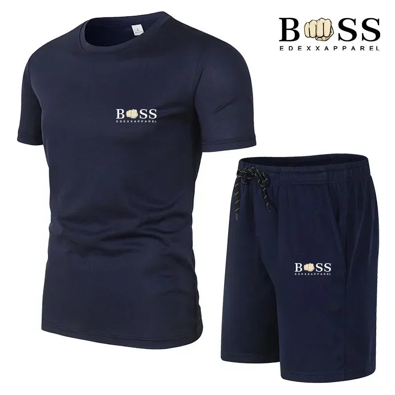 Fashion set men's casual sportswear set 2024 new men's fitness quick drying sportswear short sleeved T-shirt+shorts 2-piece set