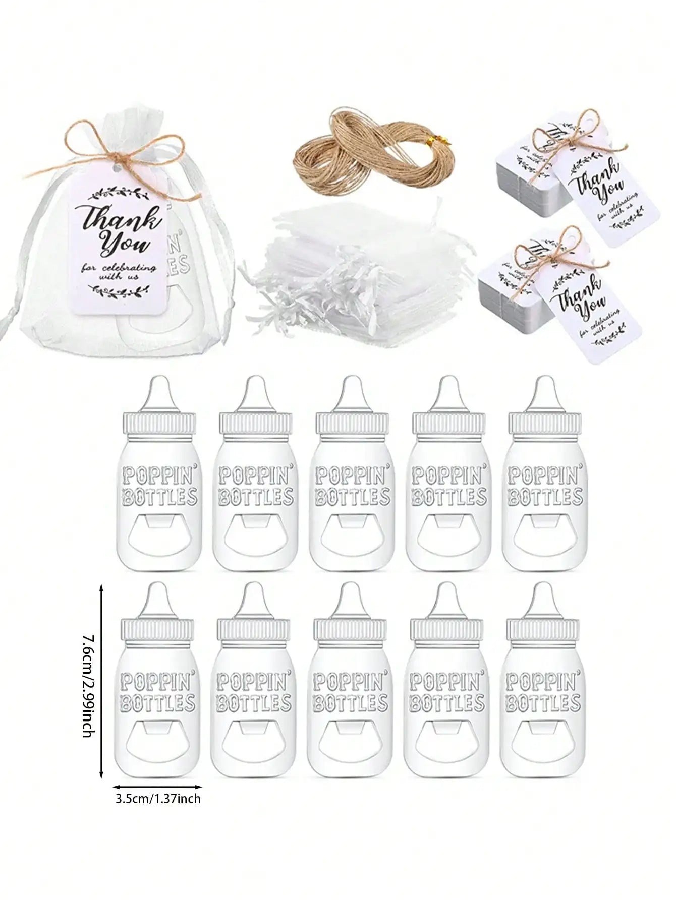 10pcs Metal Baby Bottle Openers With Organza Bags Thank You Labels Baby Shower Theme Party Return Favors Souvenir For Guests | Sorpresa