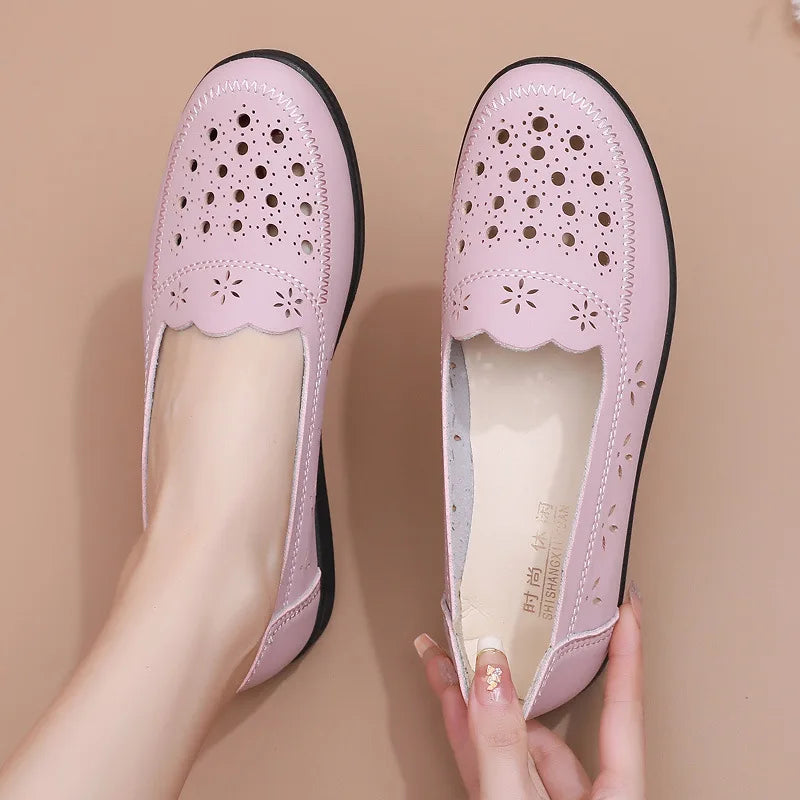 Simple Grandma Shoes Summer Hollow Out Loafers Women's Leather Moccasins Ladies Comfortable Slip On Driving Shoes Free Shipping | Sorpresa