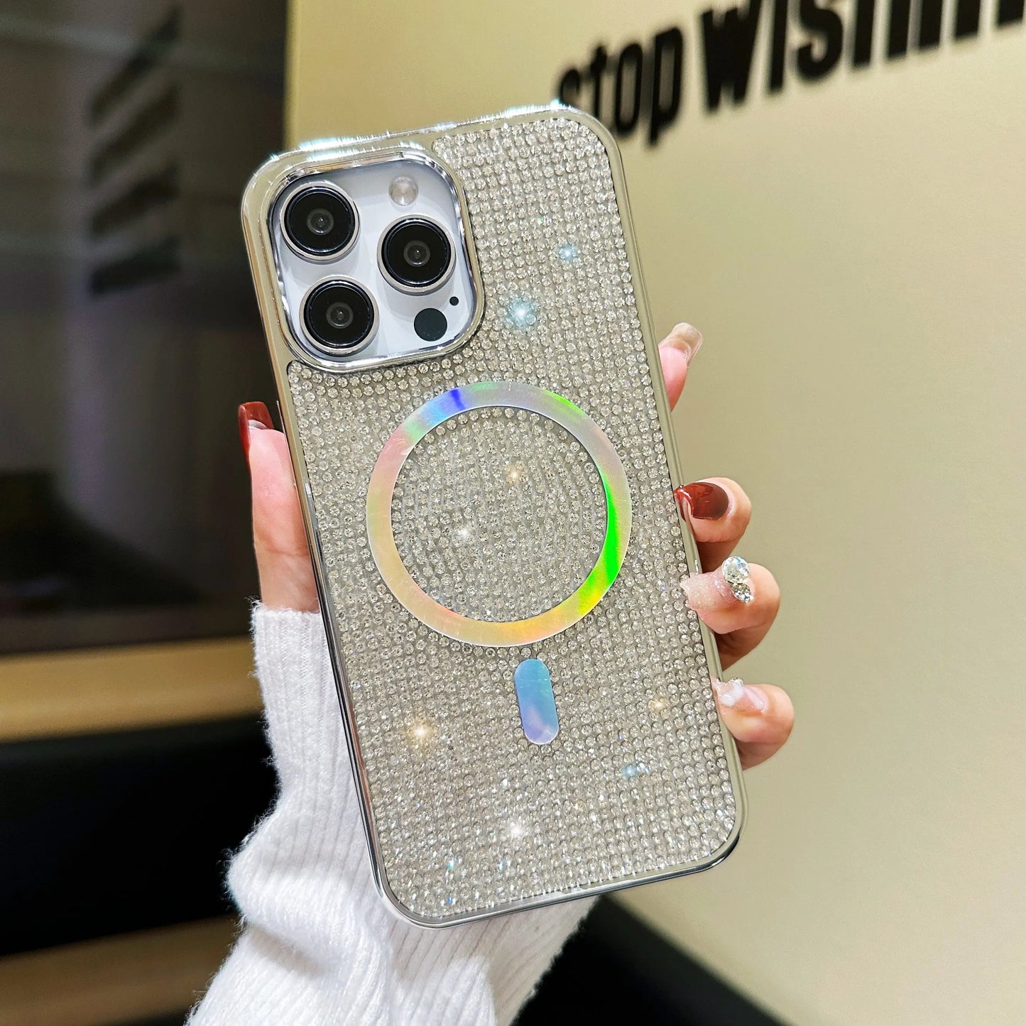 Luxury Glitter Shining Diamond Plating Phone Case for iPhone 11 12 13 14 15 Pro Max Wireless Charging Magsafe Cover