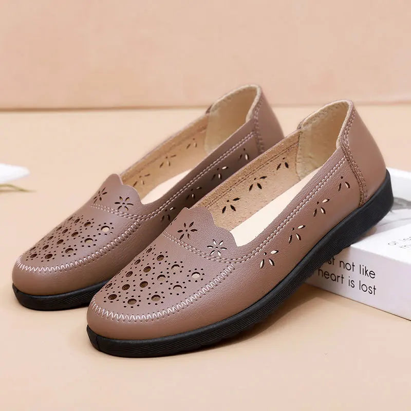 Simple Grandma Shoes Summer Hollow Out Loafers Women's Leather Moccasins Ladies Comfortable Slip On Driving Shoes Free Shipping | Sorpresa