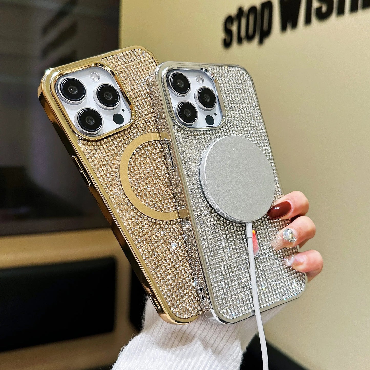 Luxury Glitter Shining Diamond Plating Phone Case for iPhone 11 12 13 14 15 Pro Max Wireless Charging Magsafe Cover
