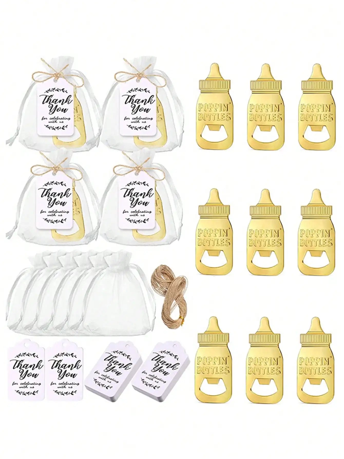 10pcs Metal Baby Bottle Openers With Organza Bags Thank You Labels Baby Shower Theme Party Return Favors Souvenir For Guests | Sorpresa