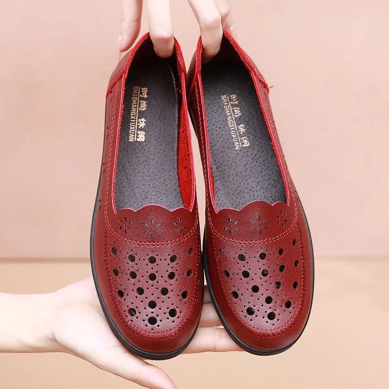 Simple Grandma Shoes Summer Hollow Out Loafers Women's Leather Moccasins Ladies Comfortable Slip On Driving Shoes Free Shipping | Sorpresa