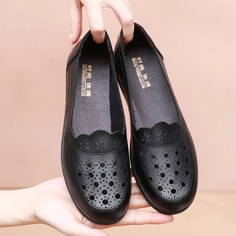 Simple Grandma Shoes Summer Hollow Out Loafers Women's Leather Moccasins Ladies Comfortable Slip On Driving Shoes Free Shipping | Sorpresa