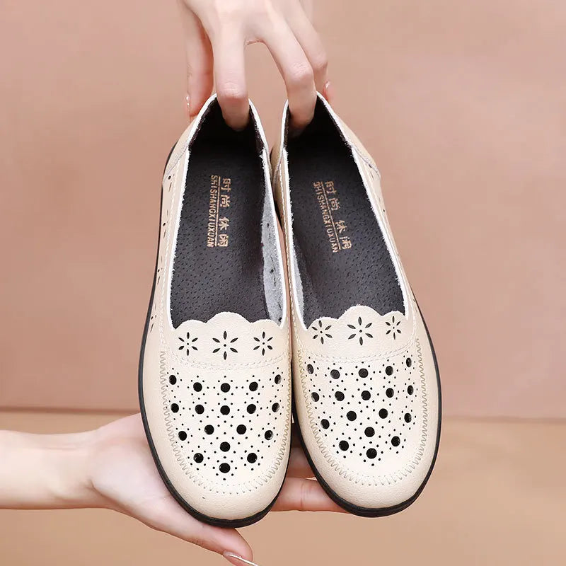 Simple Grandma Shoes Summer Hollow Out Loafers Women's Leather Moccasins Ladies Comfortable Slip On Driving Shoes Free Shipping | Sorpresa