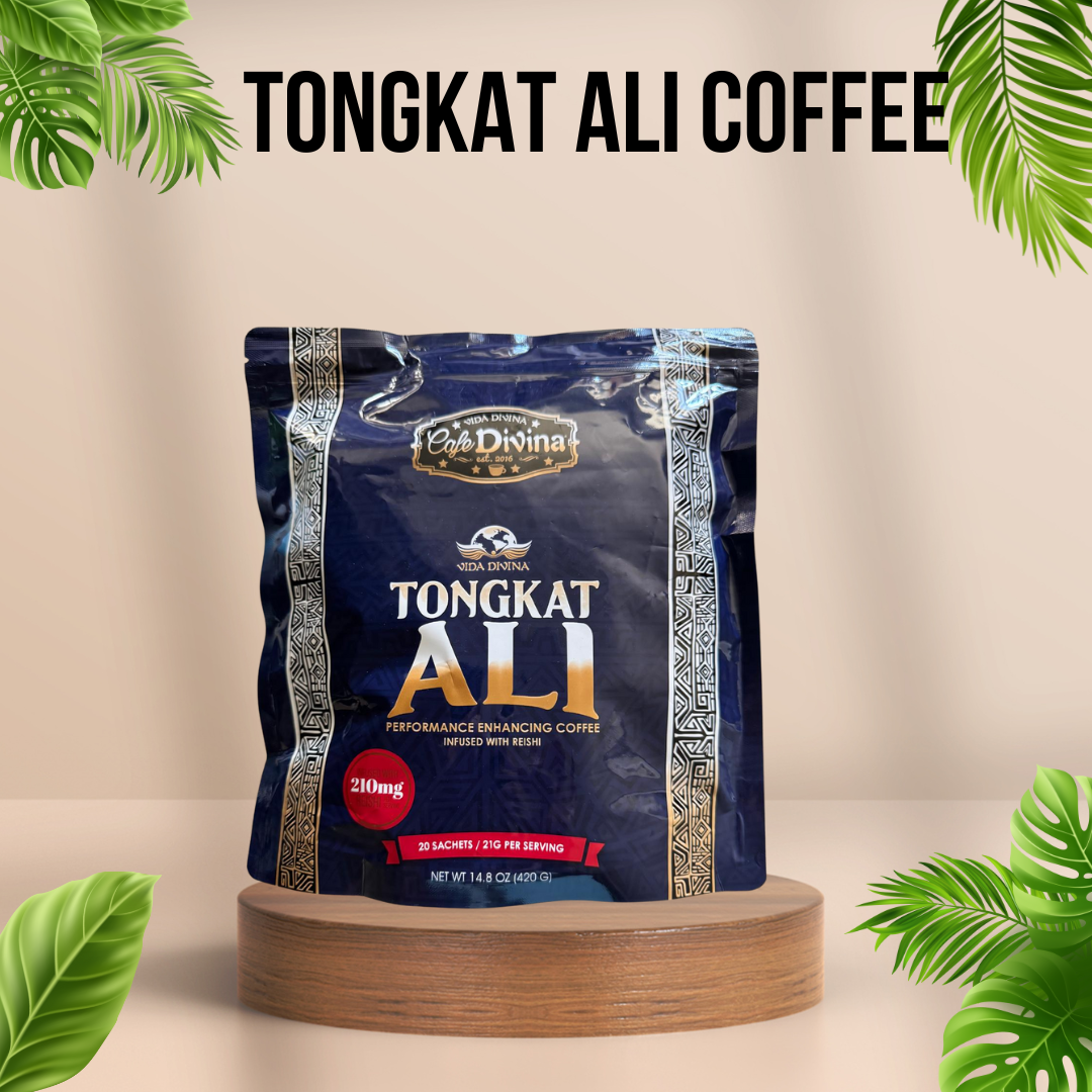 Cup of Tongkat Ali coffee with adaptogenic herbs — natural energy and vitality supplement