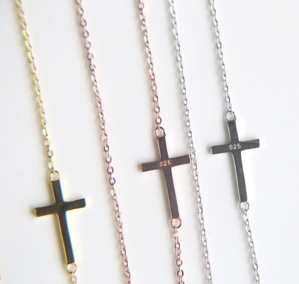 100% 925 Sterling Silver Siedway Cross Necklace Delicate Thin Chain Minimal Plain Cross Charm Pendant Classic Chain Jewelry