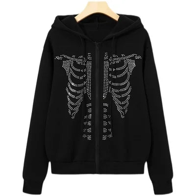 BIG PROMOTION Europe Y2k rhinestone skeleton pattern zipper thermal hoodie electronic traf sweatshirt Stitch for men and women | Sorpresa
