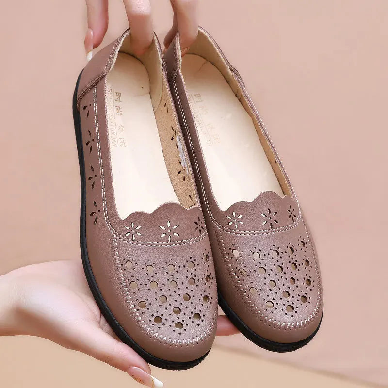 Simple Grandma Shoes Summer Hollow Out Loafers Women's Leather Moccasins Ladies Comfortable Slip On Driving Shoes Free Shipping | Sorpresa
