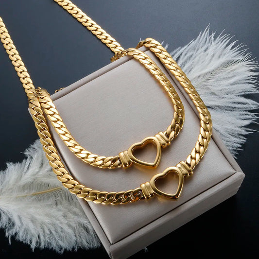 ZMFashion Gold-Plated Waterproof Stainless Steel Jewelry Set Luxury Love Heart Shape Chain Necklace Nail Bracelet Set For Women | Sorpresa