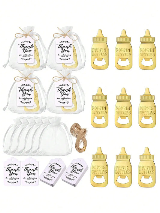 10pcs Metal Baby Bottle Openers With Organza Bags Thank You Labels Baby Shower Theme Party Return Favors Souvenir For Guests | Sorpresa