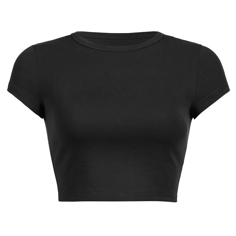 Women's Short Sleeve Crop Top T-shirt Ladies Basic Solid Color Round Neck Stretch Plain T Shirt Tee Corset Tops Female Clothing | Sorpresa