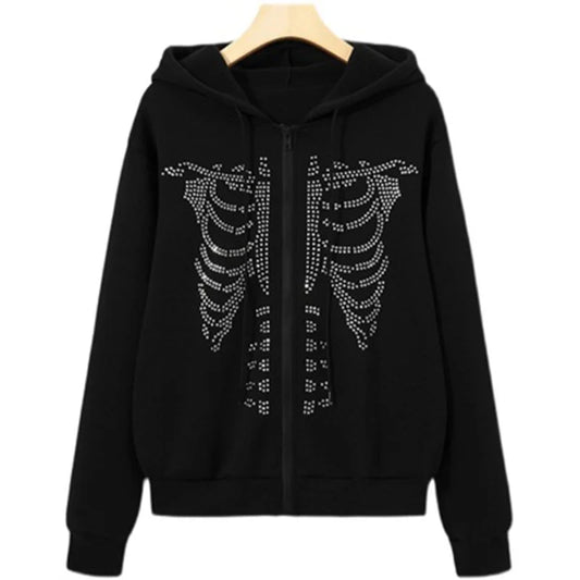 BIG PROMOTION Europe Y2k rhinestone skeleton pattern zipper thermal hoodie electronic traf sweatshirt Stitch for men and women | Sorpresa