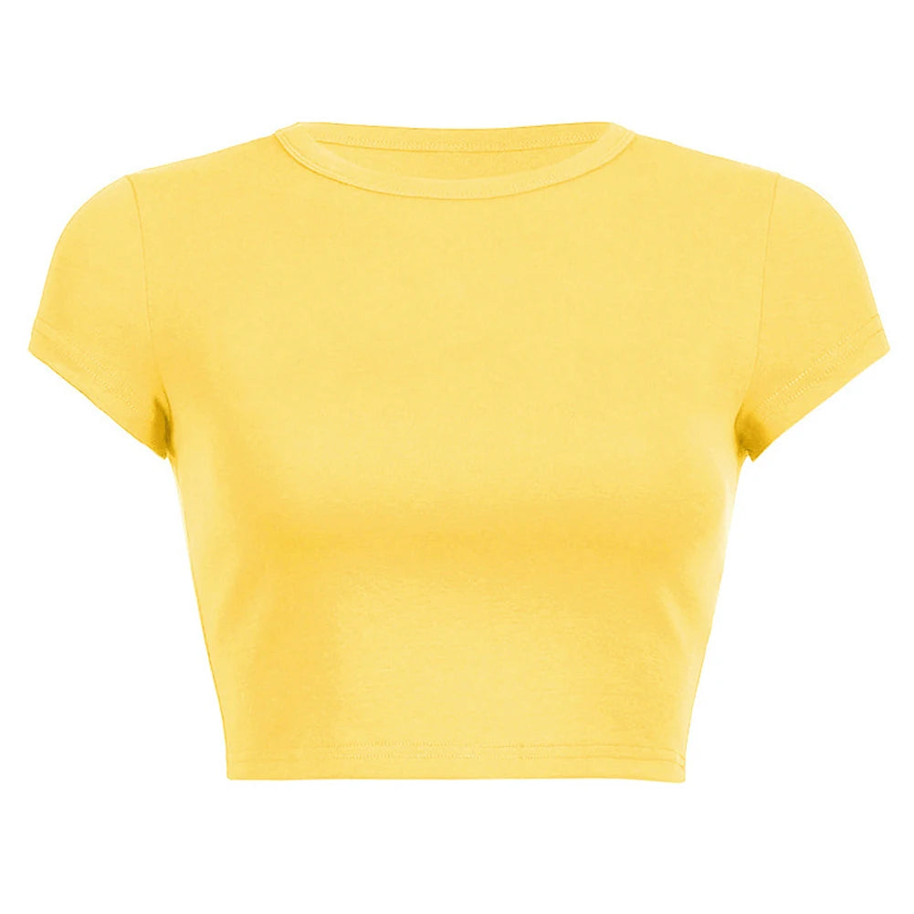 Women's Short Sleeve Crop Top T-shirt Ladies Basic Solid Color Round Neck Stretch Plain T Shirt Tee Corset Tops Female Clothing | Sorpresa